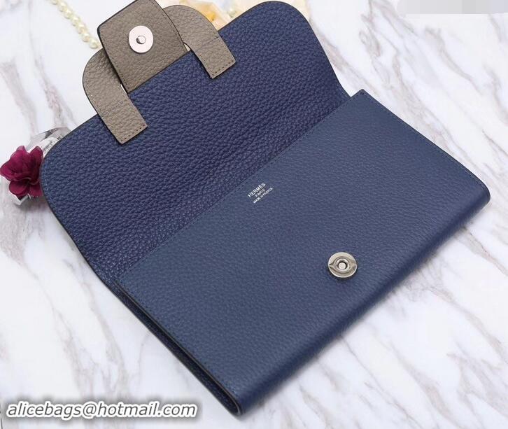 Classic Hot Hermes Grained Calf Leather Flap Clutch H442112 Navy Blue/Grey