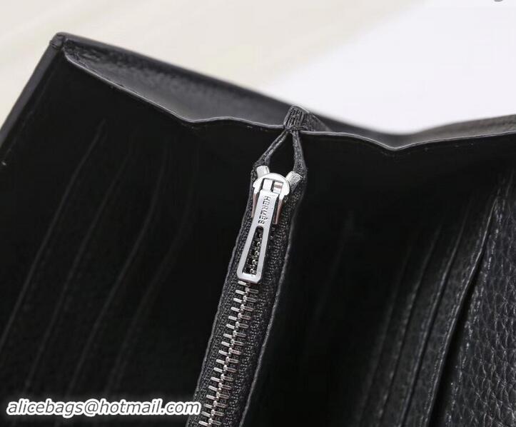 Charming Hermes Grained Calf Leather Flap Clutch H442112 Black/Grey