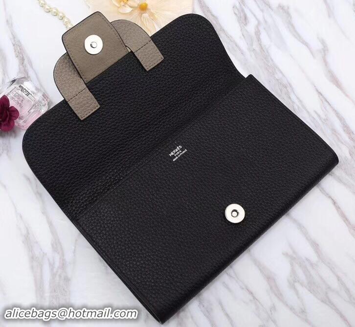 Charming Hermes Grained Calf Leather Flap Clutch H442112 Black/Grey