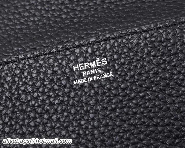 Charming Hermes Grained Calf Leather Flap Clutch H442112 Black/Grey