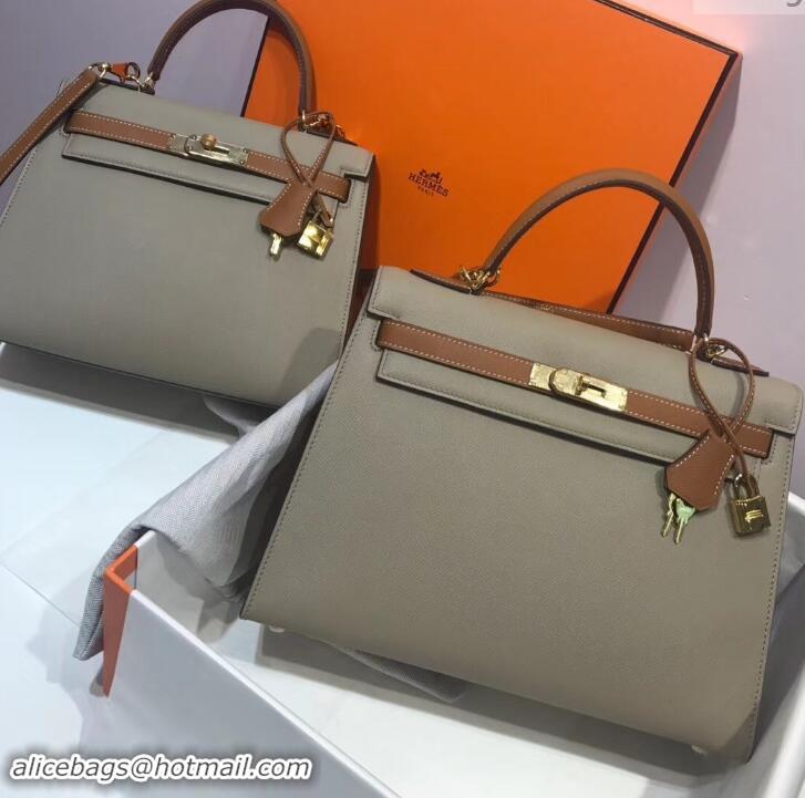 Top Design Hermes Kelly 28cm Top Handle Bag in Epsom Leather H422011 Dove Gray/Caramel Brown