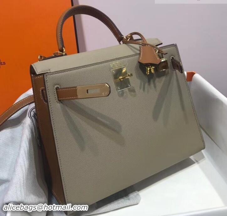 Top Design Hermes Kelly 28cm Top Handle Bag in Epsom Leather H422011 Dove Gray/Caramel Brown