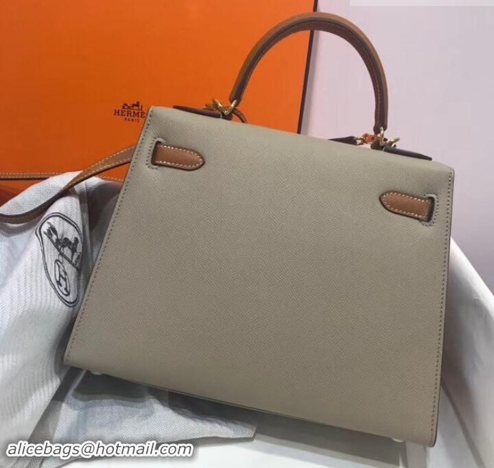 Top Design Hermes Kelly 28cm Top Handle Bag in Epsom Leather H422011 Dove Gray/Caramel Brown