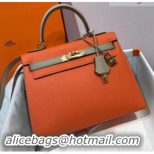 Luxury Hermes Kelly 28 cm Top Handle Bag in Epsom Leather H422011 Orange/Dove Gray