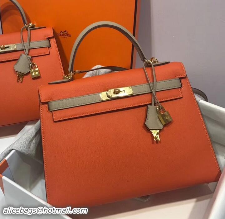 Luxury Hermes Kelly 28 cm Top Handle Bag in Epsom Leather H422011 Orange/Dove Gray