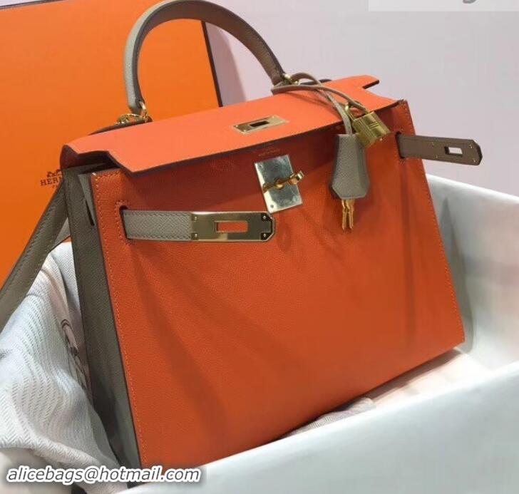 Luxury Hermes Kelly 28 cm Top Handle Bag in Epsom Leather H422011 Orange/Dove Gray