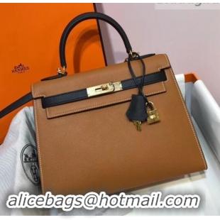 Charming Hermes Kelly 28cm Top Handle Bag in Epsom Leather H422011 Caramel Brown/Black