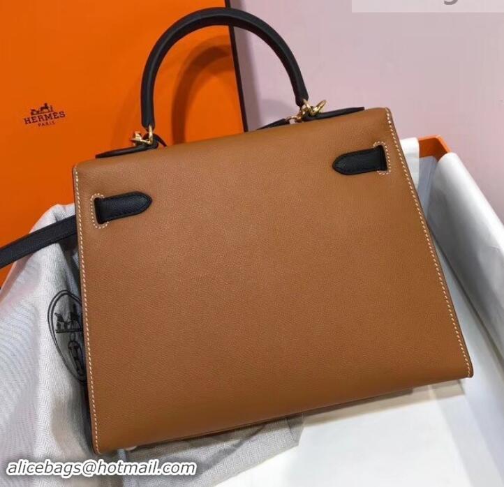 Charming Hermes Kelly 28cm Top Handle Bag in Epsom Leather H422011 Caramel Brown/Black