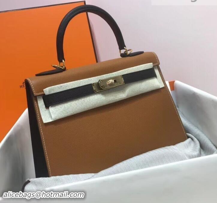 Charming Hermes Kelly 28cm Top Handle Bag in Epsom Leather H422011 Caramel Brown/Black