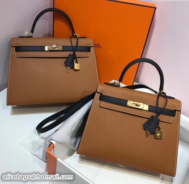 Charming Hermes Kelly 28cm Top Handle Bag in Epsom Leather H422011 Caramel Brown/Black