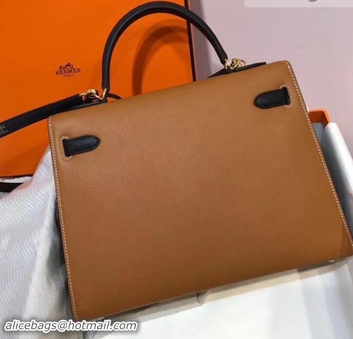 Good Product Hermes Kelly 32cm Top Handle Bag in Epsom Leather H422011 Caramel Brown/Black