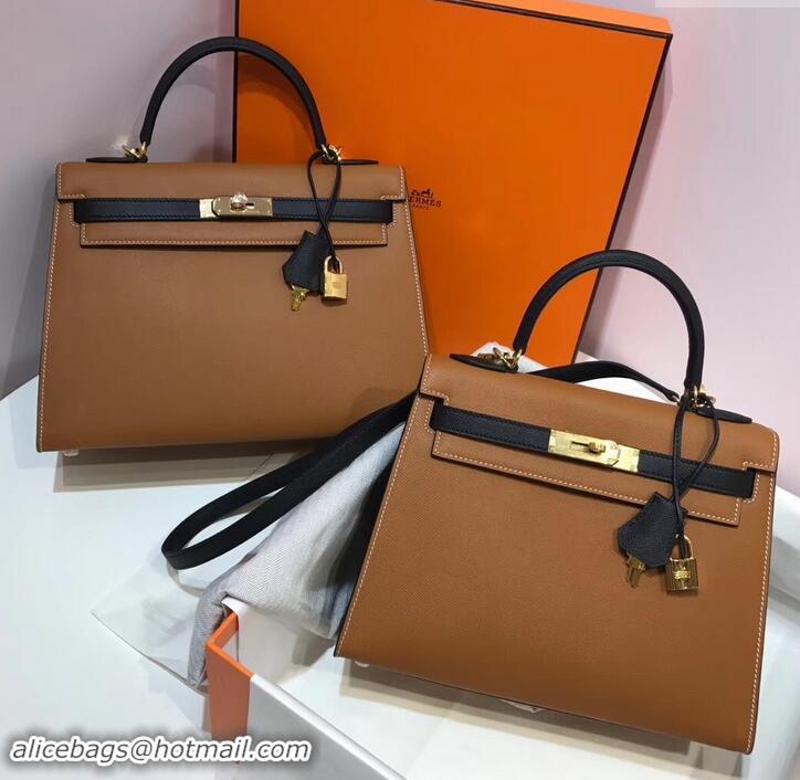 Good Product Hermes Kelly 32cm Top Handle Bag in Epsom Leather H422011 Caramel Brown/Black