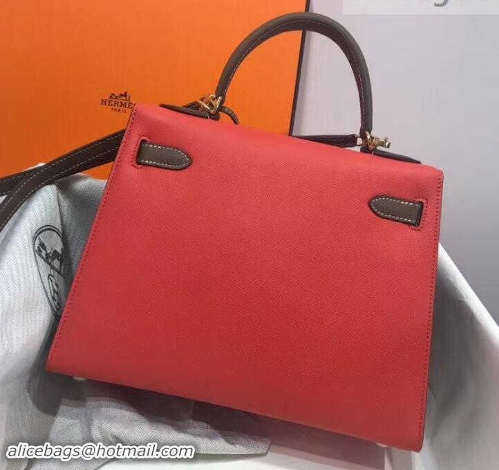 Best Luxury Hermes Kelly 28cm Top Handle Bag in Epsom Leather H422011 Red/Elephant Gray