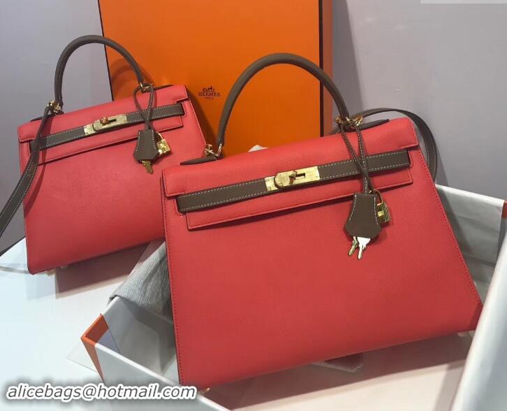 Best Luxury Hermes Kelly 28cm Top Handle Bag in Epsom Leather H422011 Red/Elephant Gray