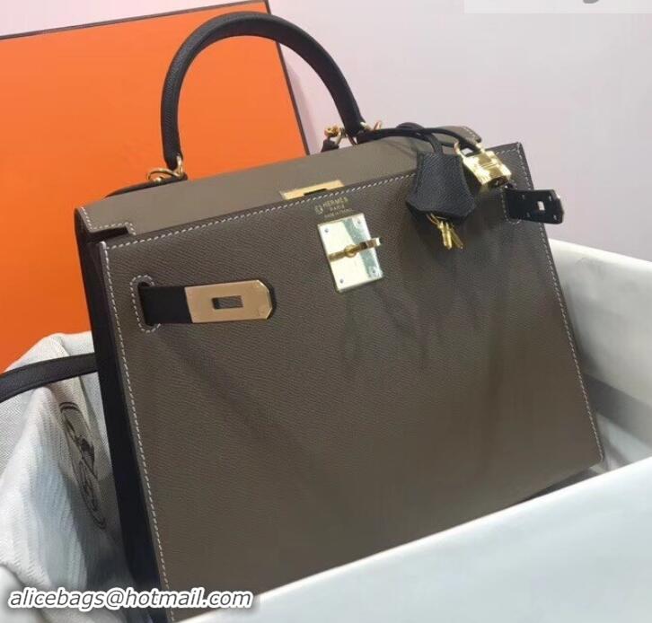 Imitation Hermes Kelly 28cm Top Handle Bag in Epsom Leather H422011 Elephant Gray/Black