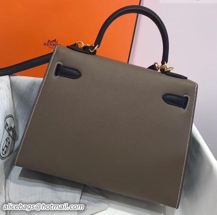 Imitation Hermes Kelly 28cm Top Handle Bag in Epsom Leather H422011 Elephant Gray/Black