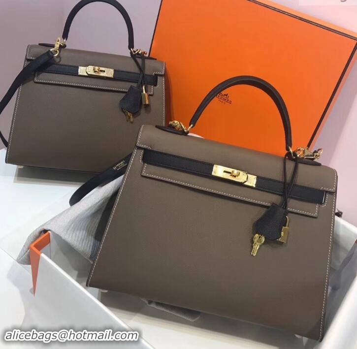 Imitation Hermes Kelly 28cm Top Handle Bag in Epsom Leather H422011 Elephant Gray/Black