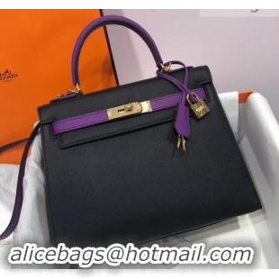 Top Quality Hermes Kelly 28cm Top Handle Bag in Epsom Leather H422011 Black/Purple