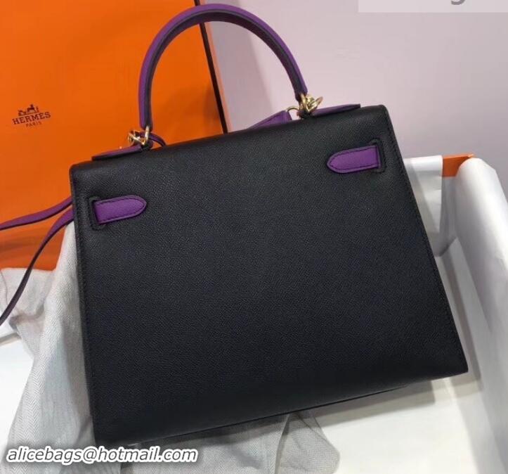 Top Quality Hermes Kelly 28cm Top Handle Bag in Epsom Leather H422011 Black/Purple