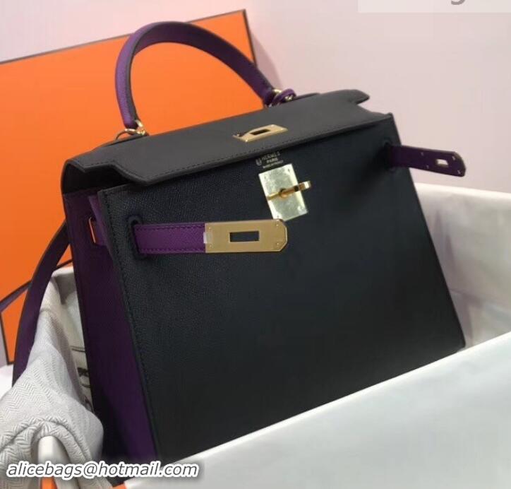 Top Quality Hermes Kelly 28cm Top Handle Bag in Epsom Leather H422011 Black/Purple