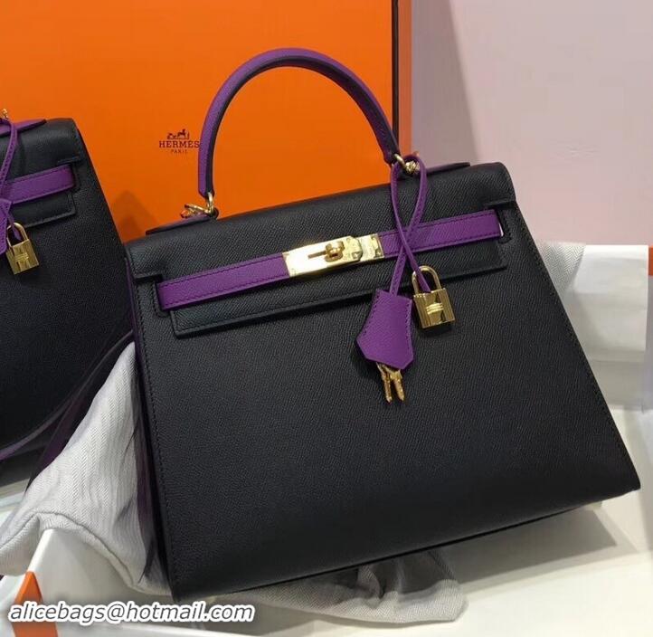 Top Quality Hermes Kelly 28cm Top Handle Bag in Epsom Leather H422011 Black/Purple