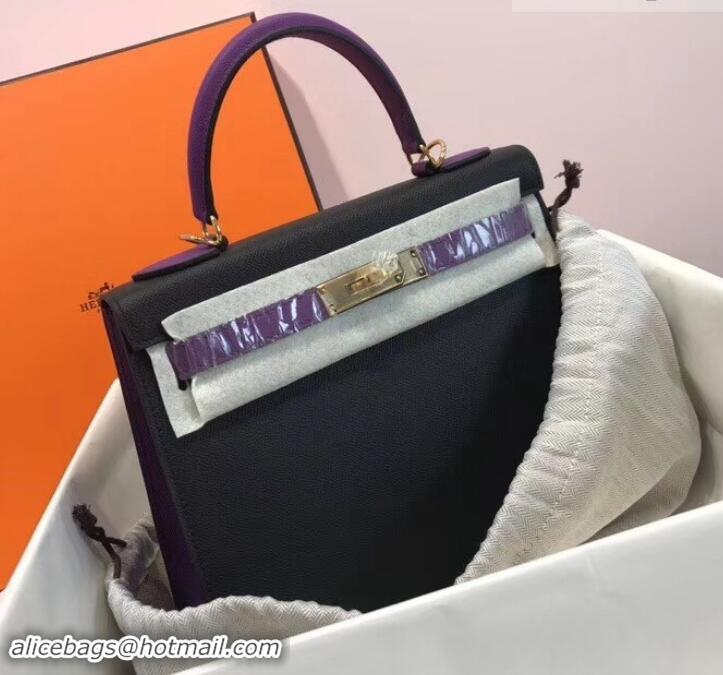 Top Quality Hermes Kelly 28cm Top Handle Bag in Epsom Leather H422011 Black/Purple