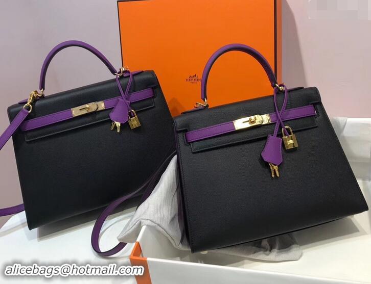 Top Quality Hermes Kelly 28cm Top Handle Bag in Epsom Leather H422011 Black/Purple