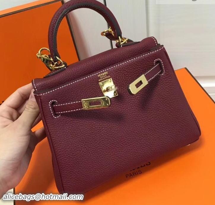 Top Quality Hermes mini kelly 20 bag Burgundy in clemence leather with golden hardware H422021