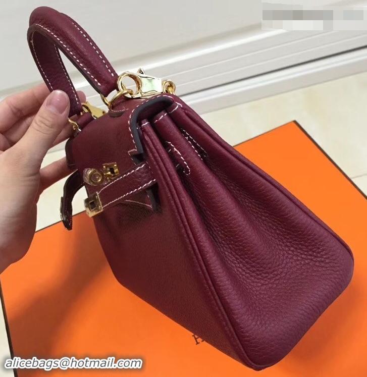 Top Quality Hermes mini kelly 20 bag Burgundy in clemence leather with golden hardware H422021