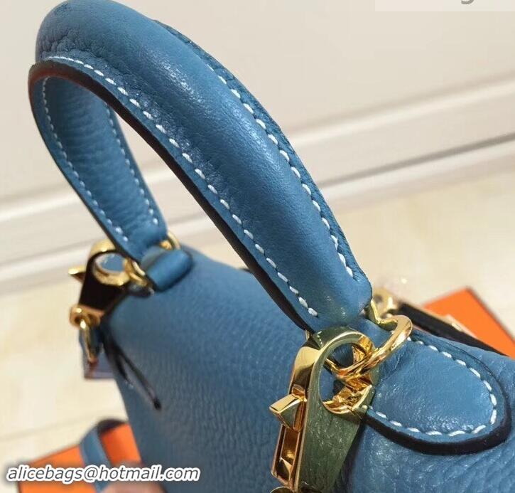 Promotional Hermes mini kelly 20 bag Blue in clemence leather with golden hardware H422021