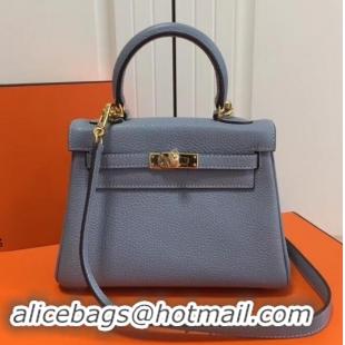 Luxury Cheap Hermes mini kelly 20 bag light blue in clemence leather with golden hardware H422021