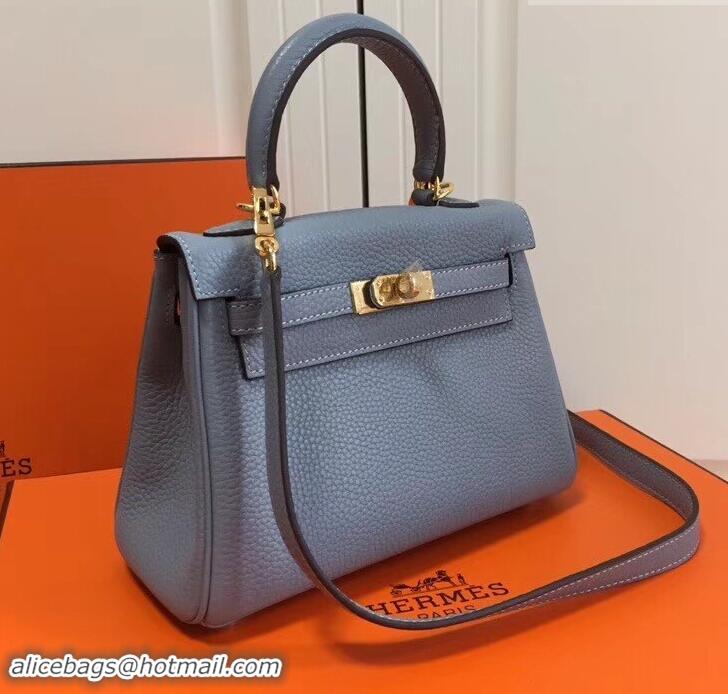 Luxury Cheap Hermes mini kelly 20 bag light blue in clemence leather with golden hardware H422021