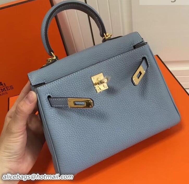 Luxury Cheap Hermes mini kelly 20 bag light blue in clemence leather with golden hardware H422021