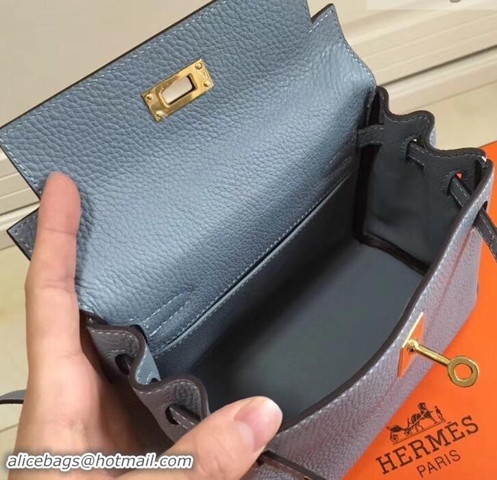 Luxury Cheap Hermes mini kelly 20 bag light blue in clemence leather with golden hardware H422021