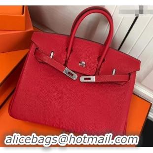 Perfect Hermes Birkin 25cm Bag Red in Togo Leather With Silver Hardware 423012