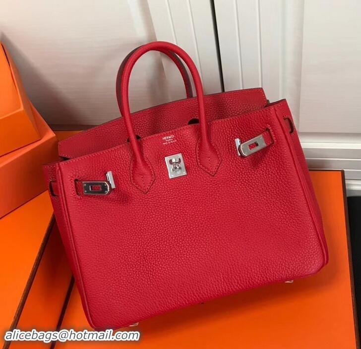 Perfect Hermes Birkin 25cm Bag Red in Togo Leather With Silver Hardware 423012