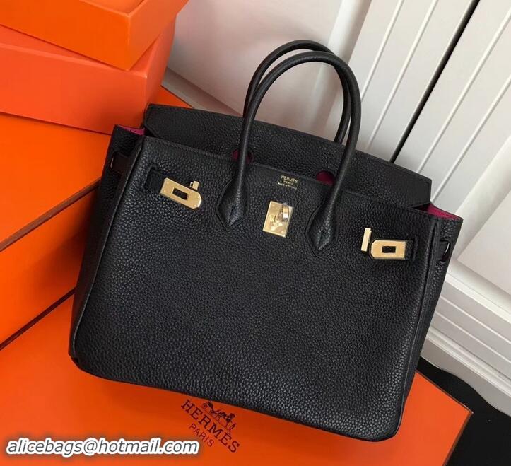 Imitation Cheap Hermes Birkin 25cm Bag Black/Fuchsia in Togo Leather With Gold Hardware 423012