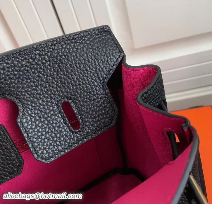 Imitation Cheap Hermes Birkin 25cm Bag Black/Fuchsia in Togo Leather With Gold Hardware 423012