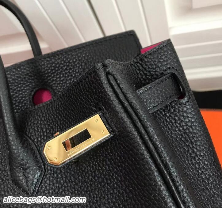 Imitation Cheap Hermes Birkin 25cm Bag Black/Fuchsia in Togo Leather With Gold Hardware 423012