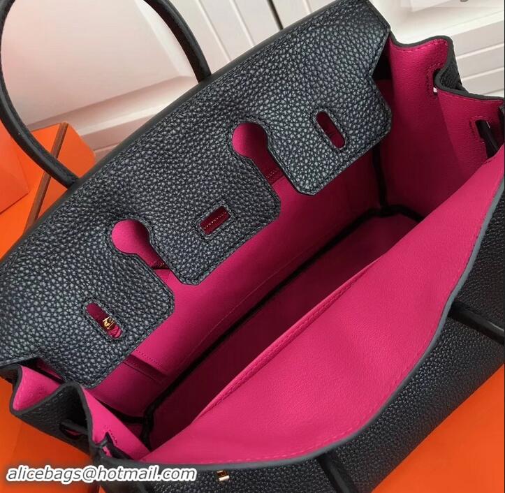 Imitation Cheap Hermes Birkin 25cm Bag Black/Fuchsia in Togo Leather With Gold Hardware 423012