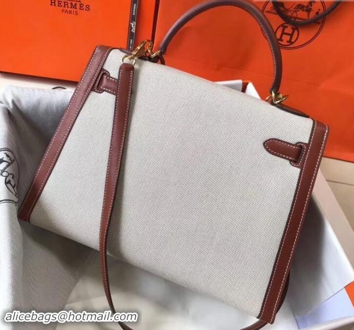 Duplicate Hermes Kelly 28CM Bag In swift leather/canvas brown With Gold Hardware H42624