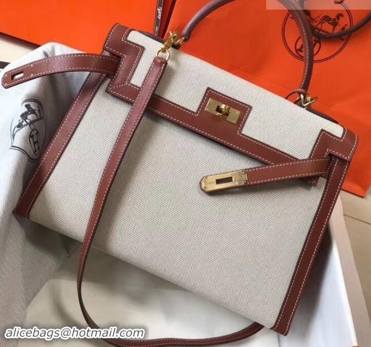 Duplicate Hermes Kelly 28CM Bag In swift leather/canvas brown With Gold Hardware H42624