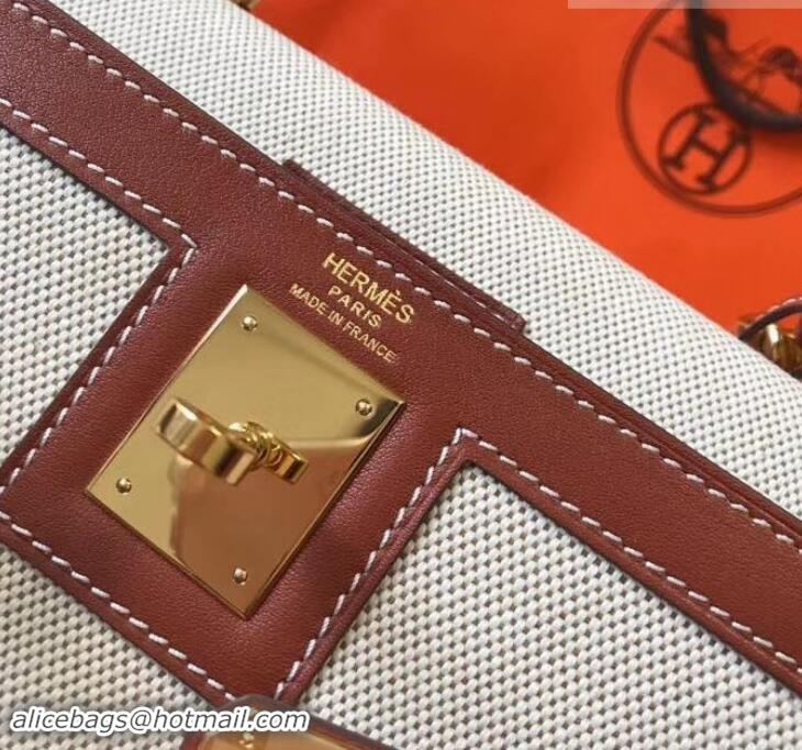 Duplicate Hermes Kelly 28CM Bag In swift leather/canvas brown With Gold Hardware H42624