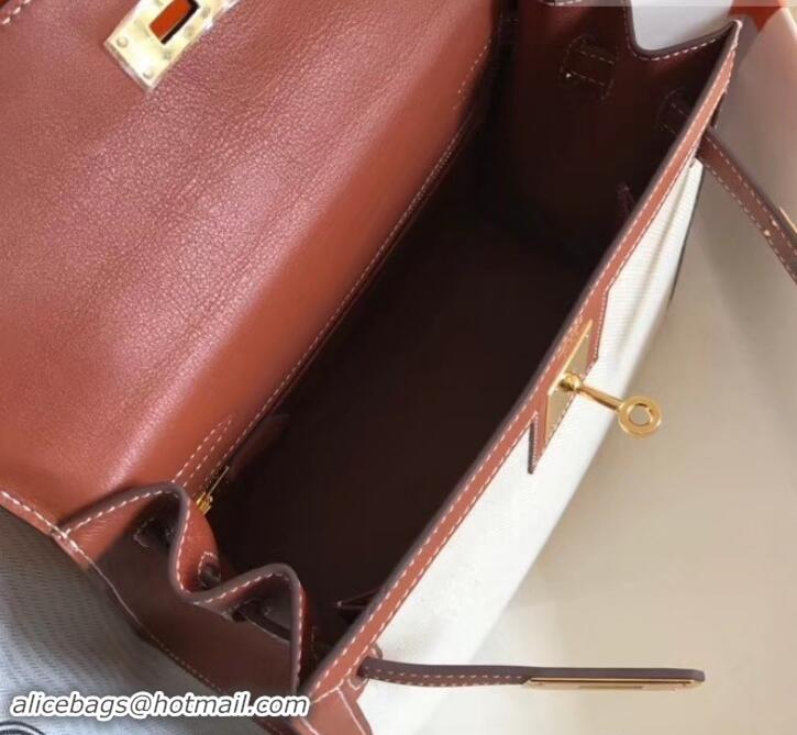 Duplicate Hermes Kelly 28CM Bag In swift leather/canvas brown With Gold Hardware H42624