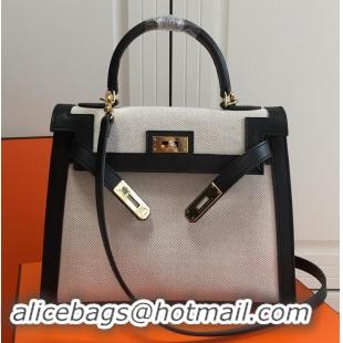 Super Quality Hermes Kelly 28CM Bag In swift leather/canvas black With Gold Hardware H42626