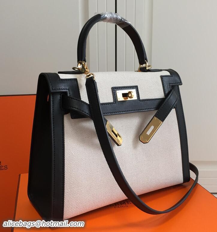 Super Quality Hermes Kelly 28CM Bag In swift leather/canvas black With Gold Hardware H42626