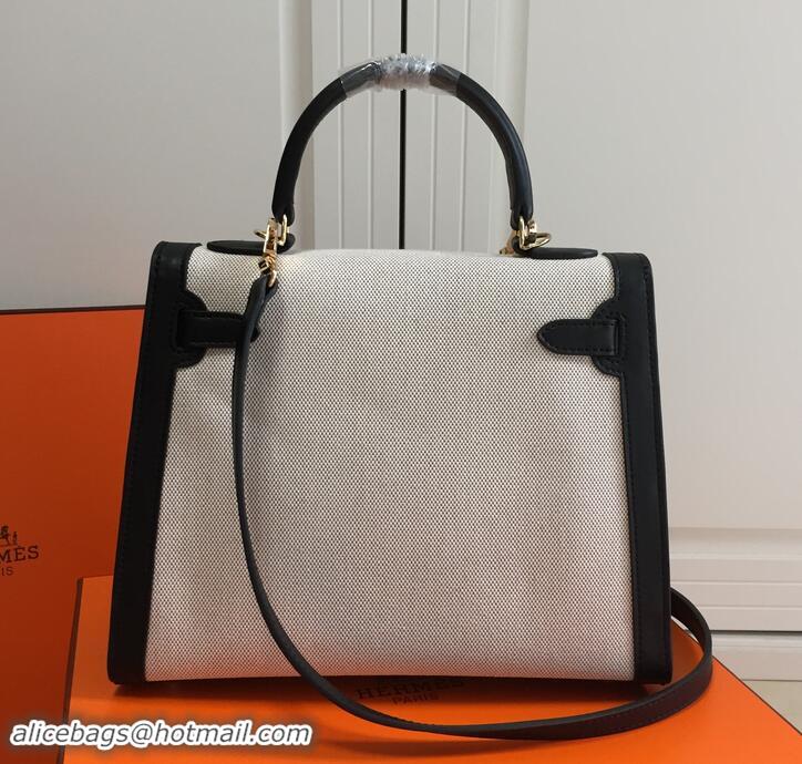 Super Quality Hermes Kelly 28CM Bag In swift leather/canvas black With Gold Hardware H42626