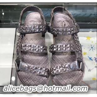 Shop Chanel Chain Sandals G33801 Metallic Silver 2019