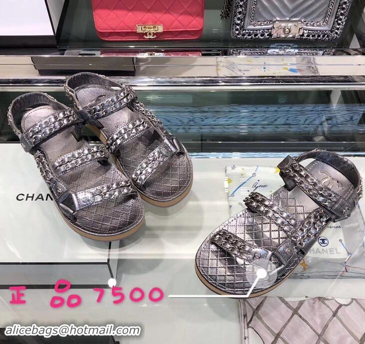 Shop Chanel Chain Sandals G33801 Metallic Silver 2019