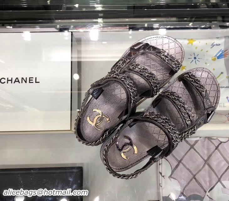 Shop Chanel Chain Sandals G33801 Metallic Silver 2019